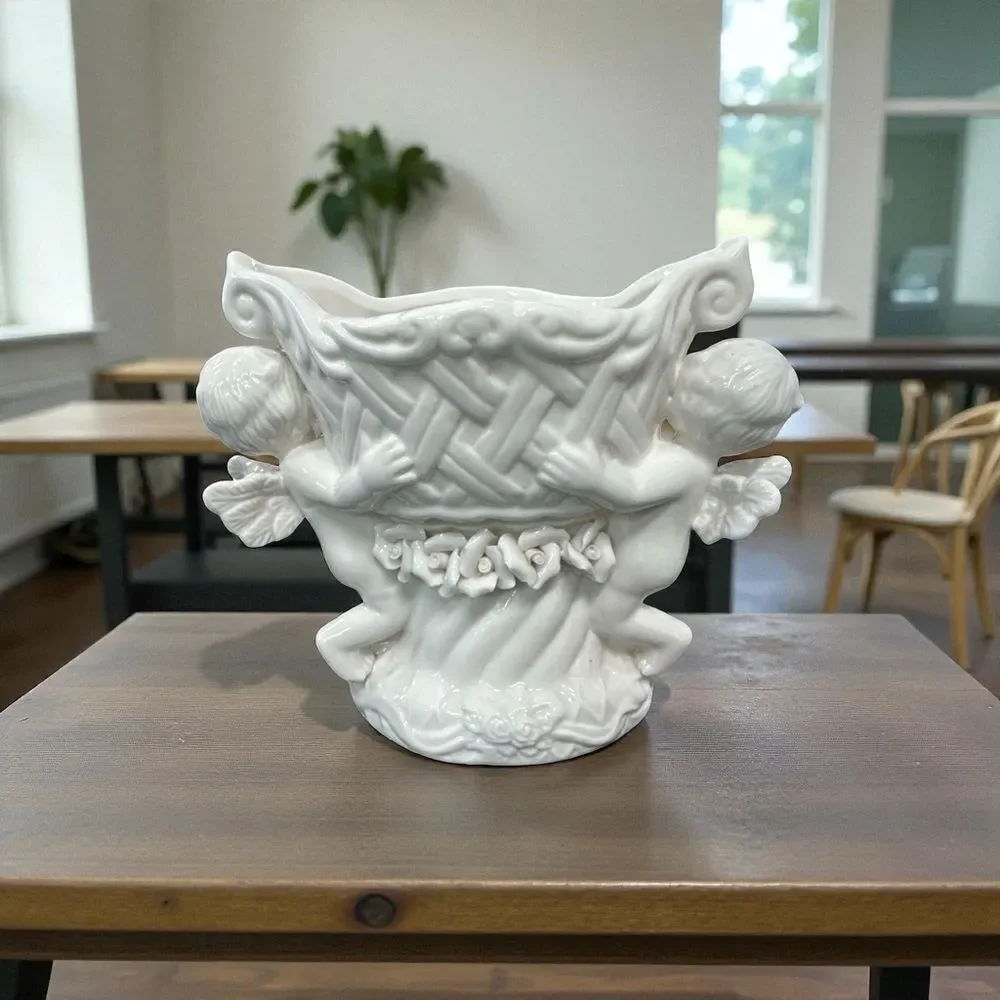 Vintage White Cherub Vase |Angel Figurine Planter | Romantic Mid-Century Ceramic